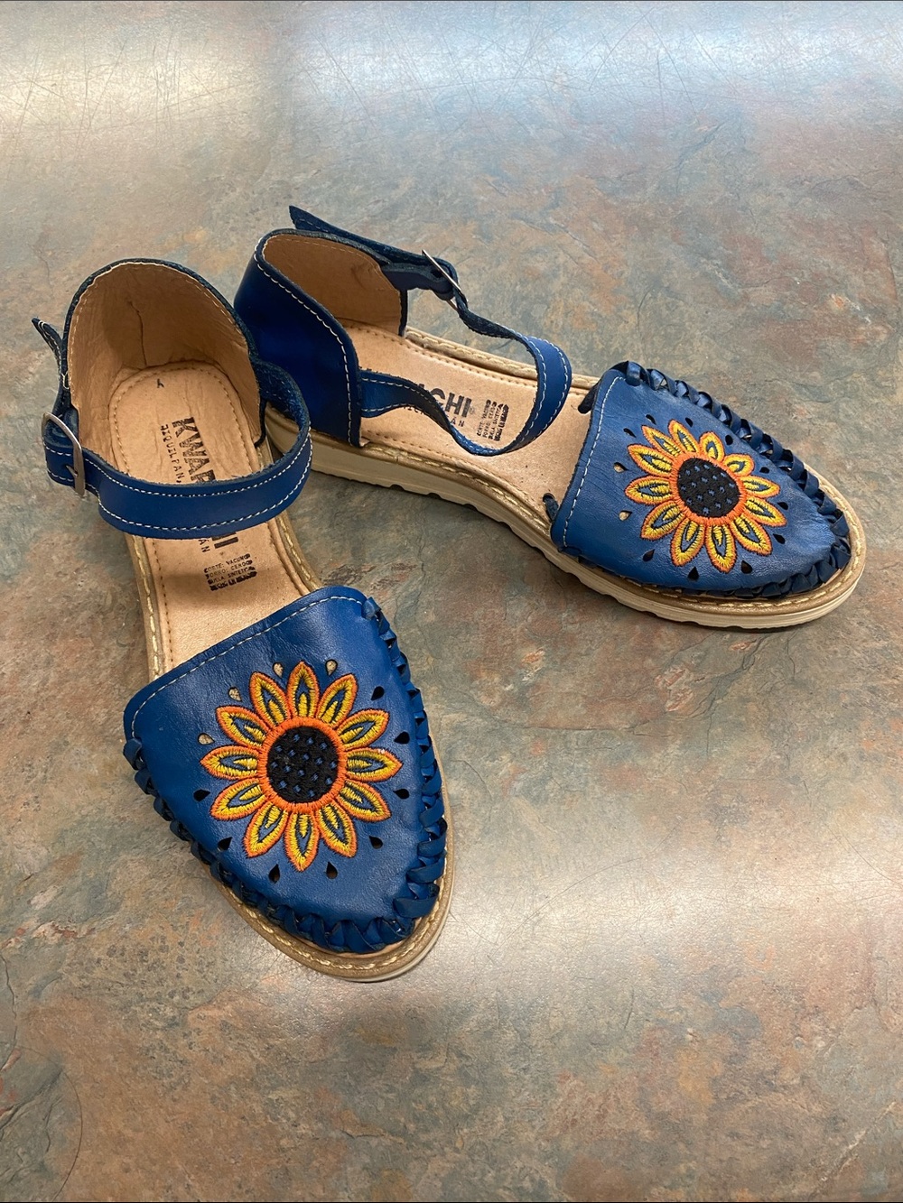 Blue Embroidered Sunflower Ankle-Strap Sandals for Women
